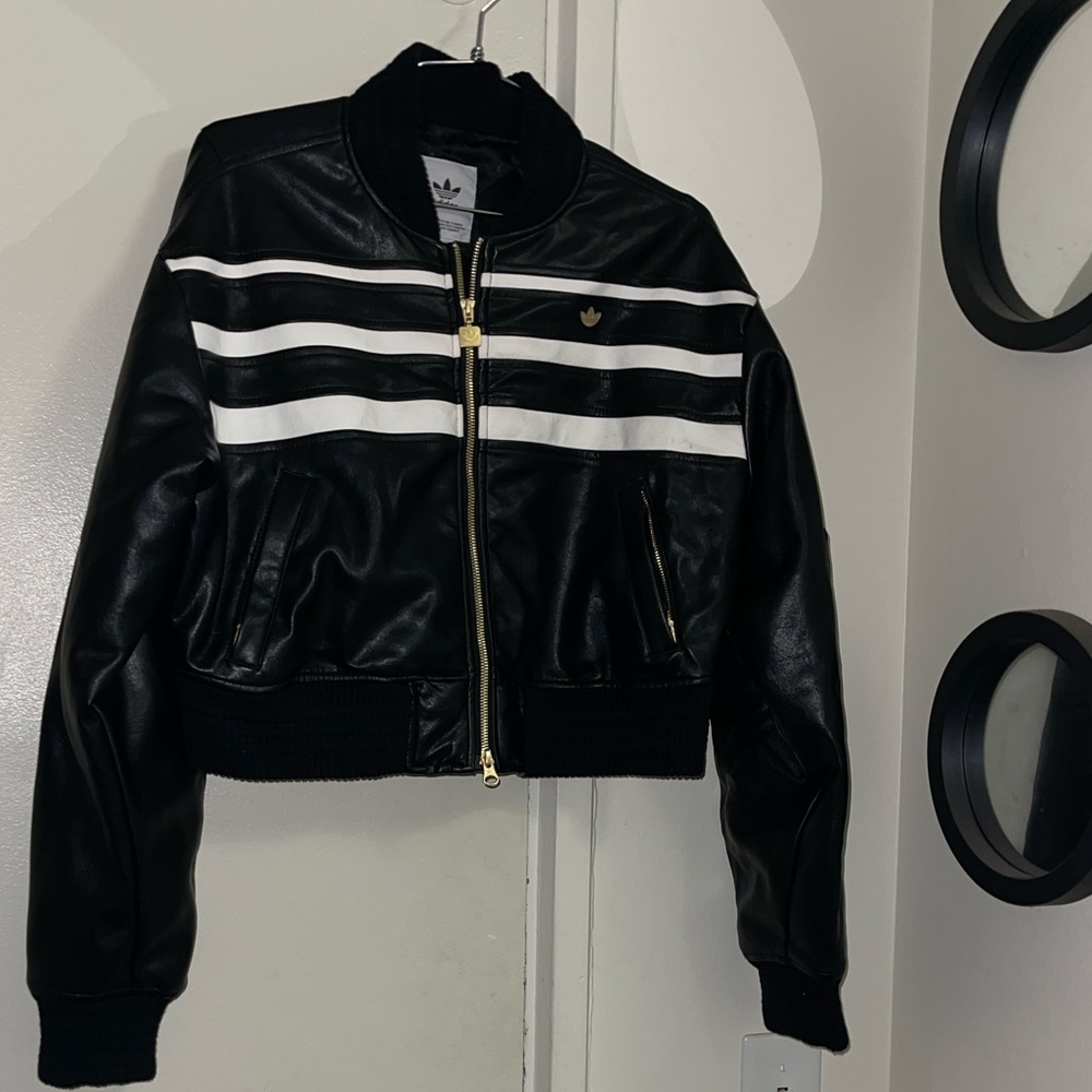 Adidas Women's Black Faux Leather Jacket with White Stripes